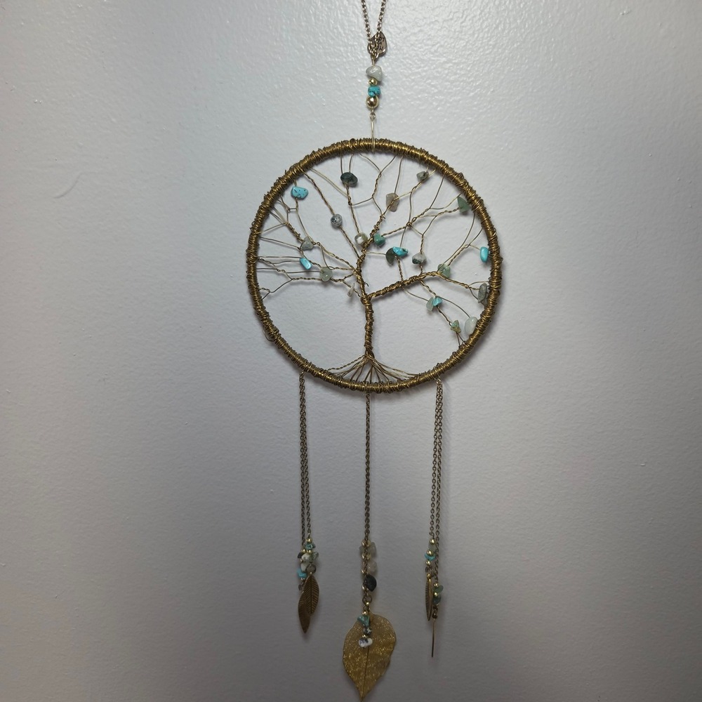 Tree of Life Wire Dream Catcher Gemstones Gold Tone Feathers 24 Inch